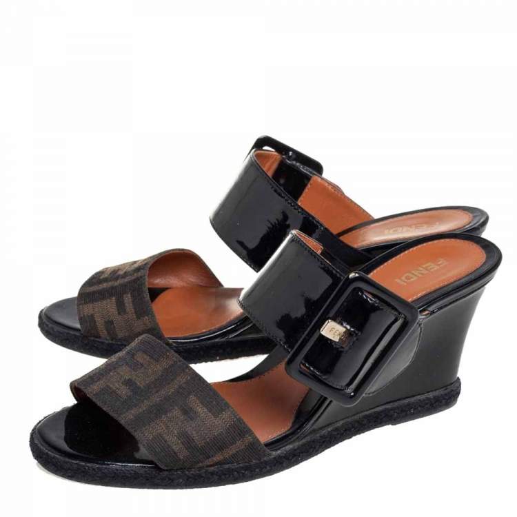 Pre Owned Fendi Black/Brown Patent Leather and Zucca Canvas Demi Wedge Sandals Size 37
