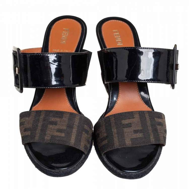 Pre Owned Fendi Black/Brown Patent Leather and Zucca Canvas Demi Wedge Sandals Size 37