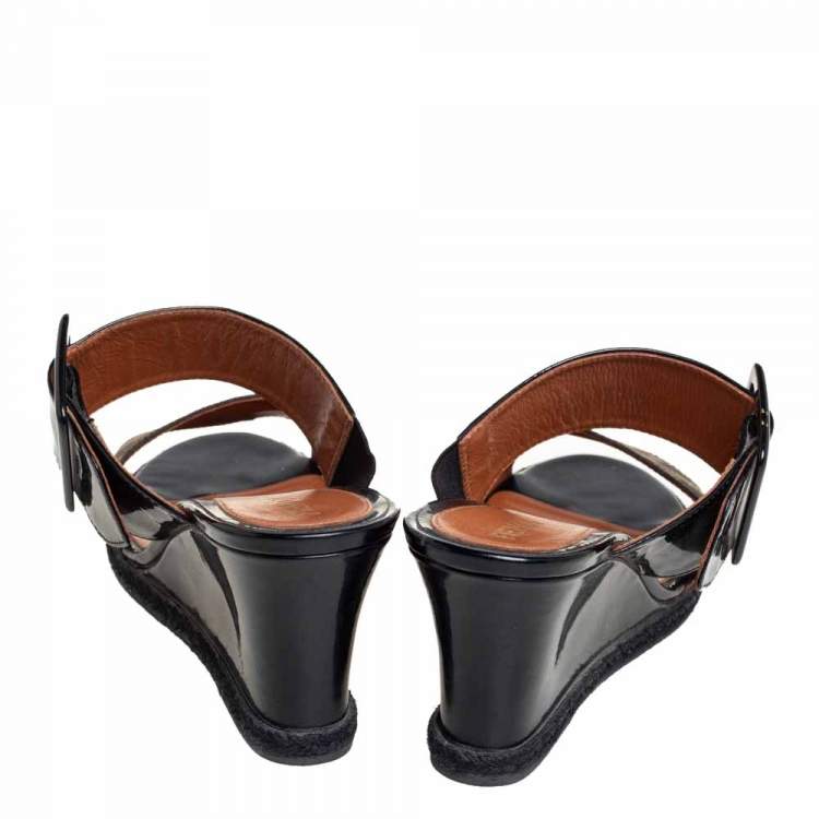 Pre Owned Fendi Black/Brown Patent Leather and Zucca Canvas Demi Wedge Sandals Size 37