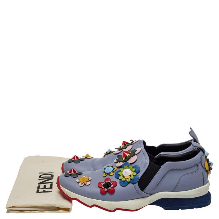 Pre Owned Fendi Blue Leather Flowerland Slip On Sneakers Size 40