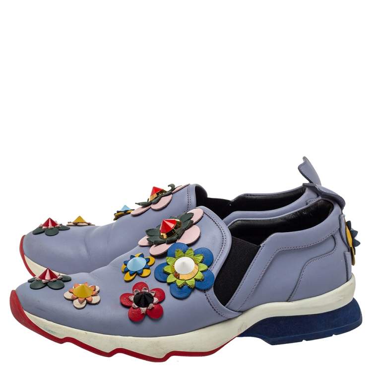 Pre Owned Fendi Blue Leather Flowerland Slip On Sneakers Size 40