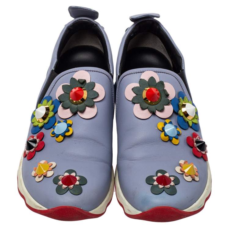 Pre Owned Fendi Blue Leather Flowerland Slip On Sneakers Size 40