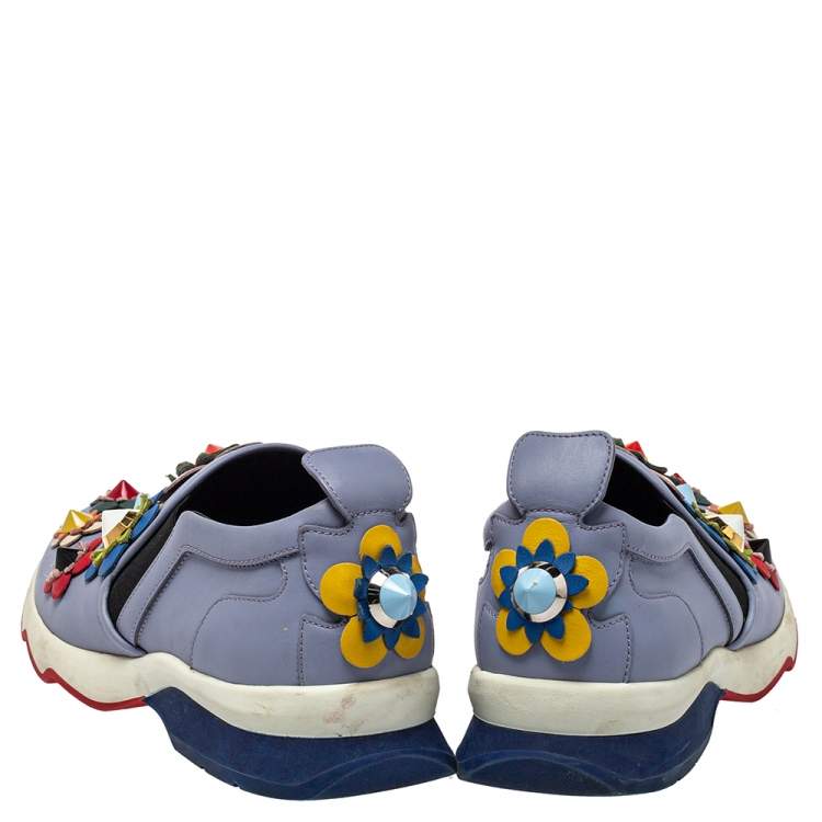 Pre Owned Fendi Blue Leather Flowerland Slip On Sneakers Size 40