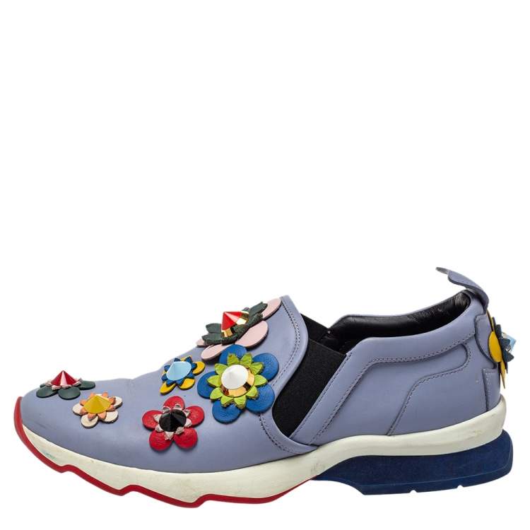 Pre Owned Fendi Blue Leather Flowerland Slip On Sneakers Size 40