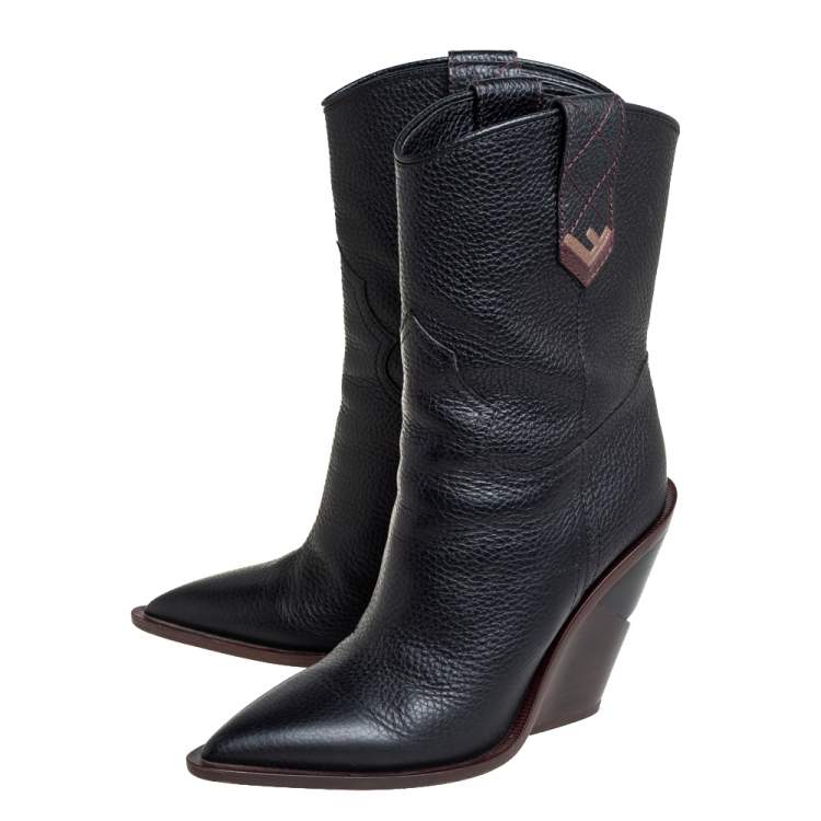 مملوكة مسبقًا Fendi Black Leather Pointed Toe Mid Calf Wedge Cowboy Boots Size 40