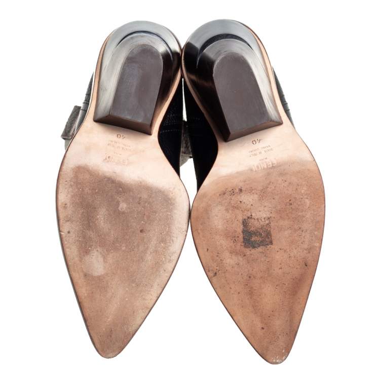 مملوكة مسبقًا Fendi Black Leather Pointed Toe Mid Calf Wedge Cowboy Boots Size 40