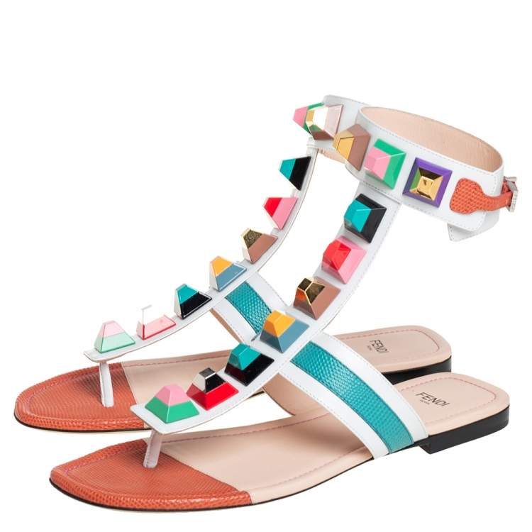 Pre Owned Fendi Multicolor Leather Studded Ankle Cuff Flat Sandals Size 39