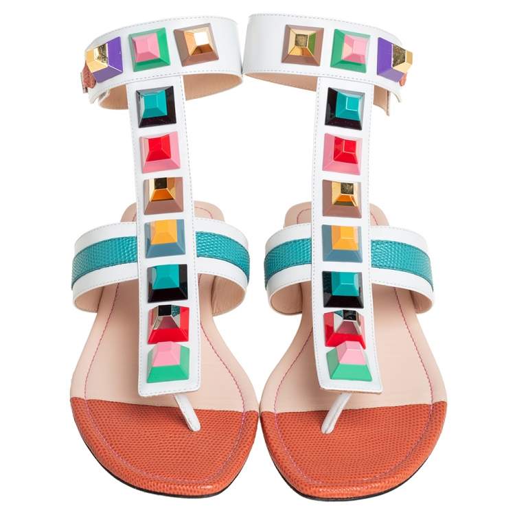 Pre Owned Fendi Multicolor Leather Studded Ankle Cuff Flat Sandals Size 39