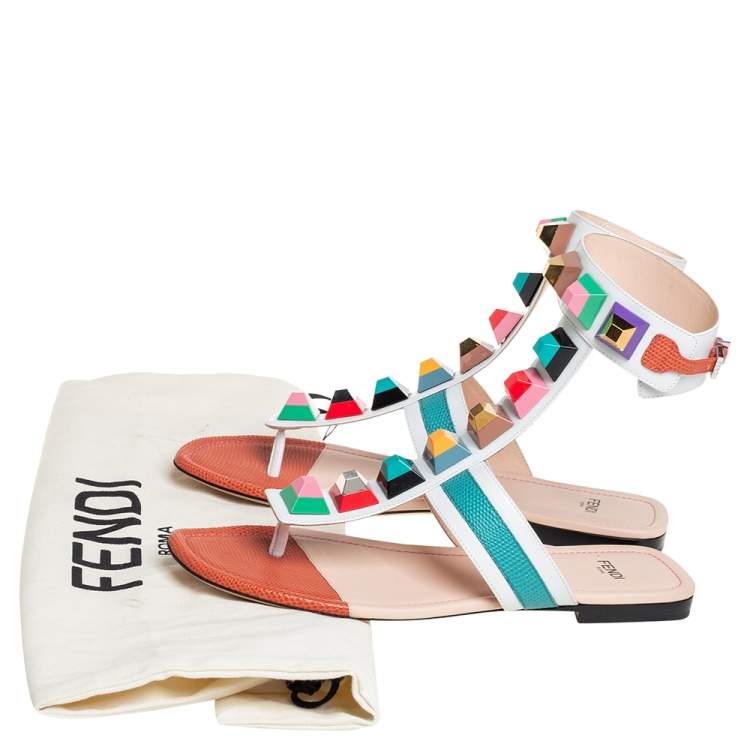 Pre Owned Fendi Multicolor Leather Studded Ankle Cuff Flat Sandals Size 39