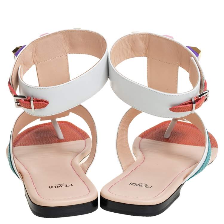 Pre Owned Fendi Multicolor Leather Studded Ankle Cuff Flat Sandals Size 39