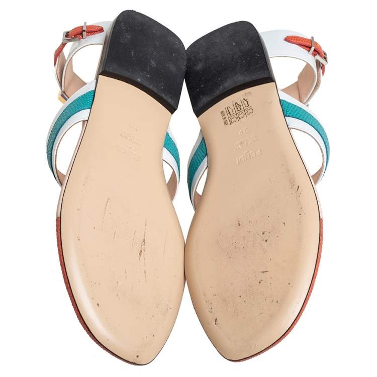 Pre Owned Fendi Multicolor Leather Studded Ankle Cuff Flat Sandals Size 39