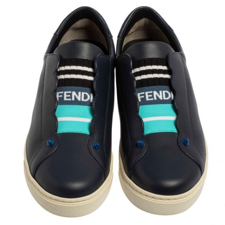 Pre Owned Fendi Blue Leather And Knit Fabric Rockoko Sneakers Size 39