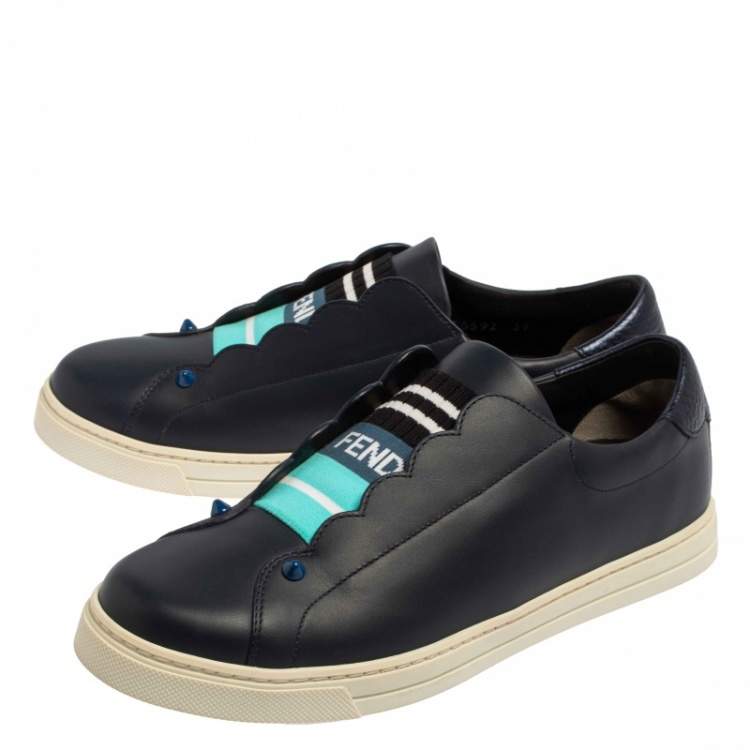 Pre Owned Fendi Blue Leather And Knit Fabric Rockoko Sneakers Size 39