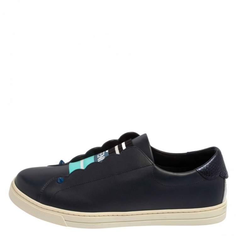 Pre Owned Fendi Blue Leather And Knit Fabric Rockoko Sneakers Size 39