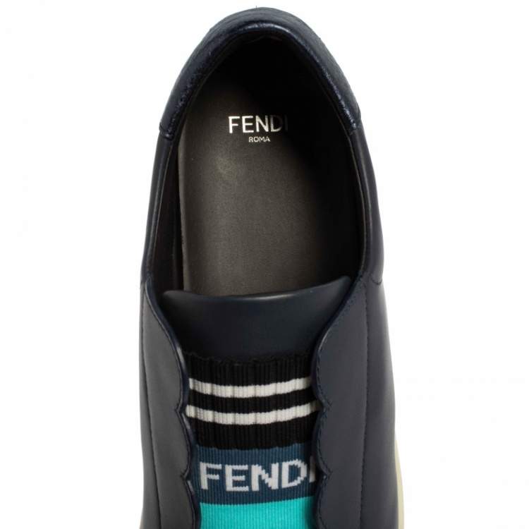 Pre Owned Fendi Blue Leather And Knit Fabric Rockoko Sneakers Size 39