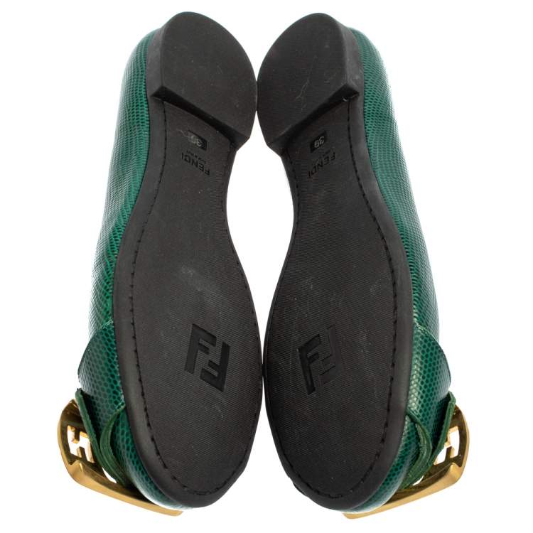 Pre Owned Fendi Green Lizard Embossed Leather Buckle Detail Ballet Flats Size 39