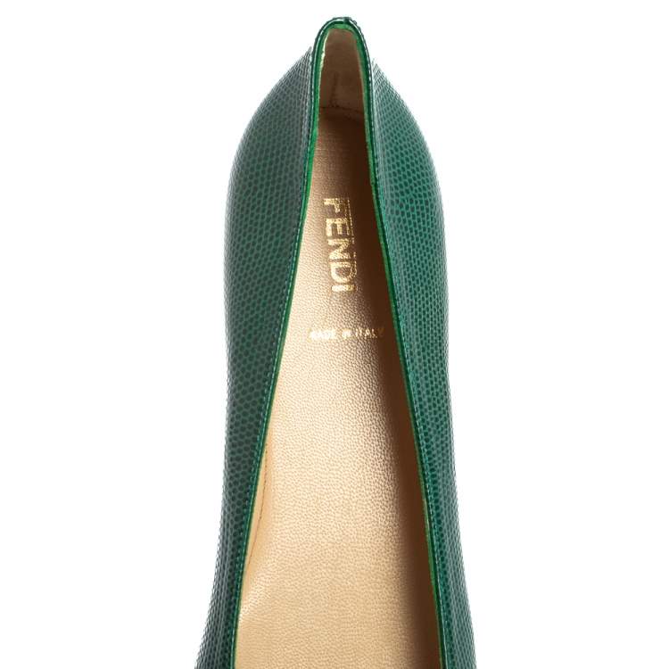 Pre Owned Fendi Green Lizard Embossed Leather Buckle Detail Ballet Flats Size 39