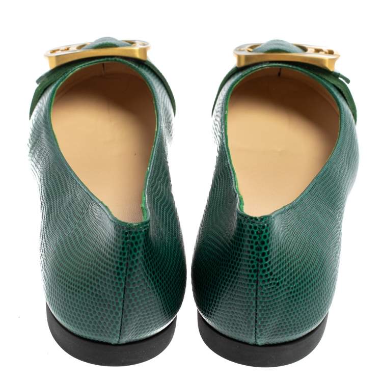 Pre Owned Fendi Green Lizard Embossed Leather Buckle Detail Ballet Flats Size 39