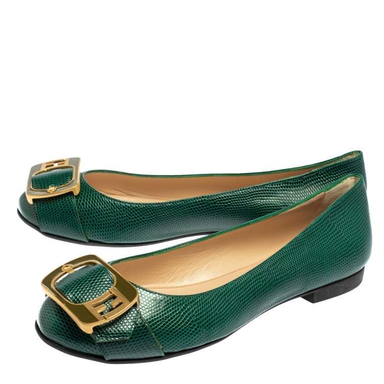 Pre Owned Fendi Green Lizard Embossed Leather Buckle Detail Ballet Flats Size 39