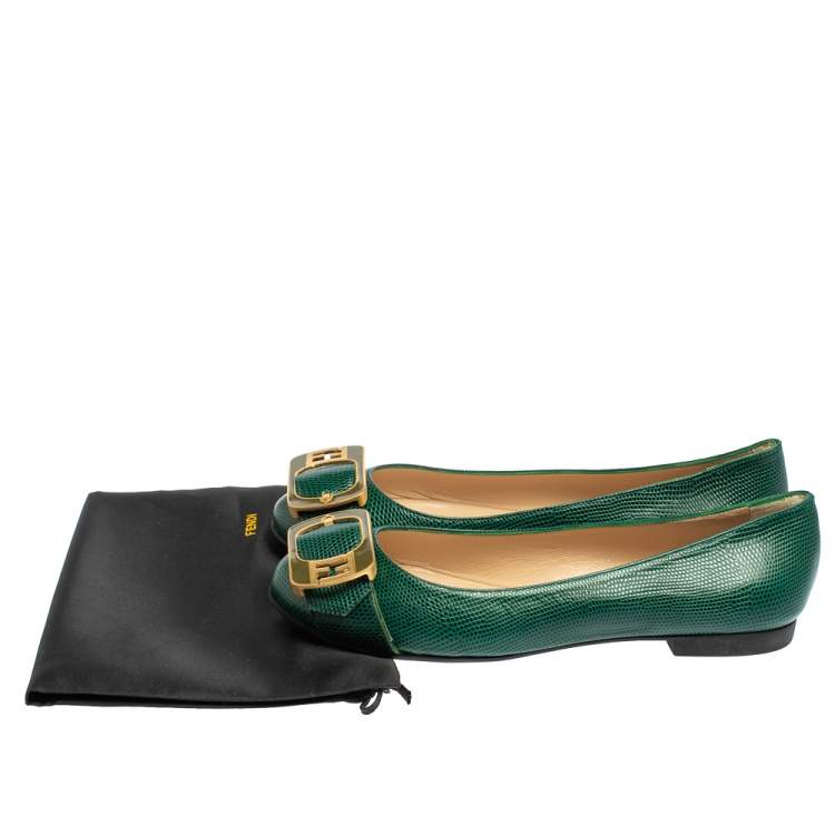 Pre Owned Fendi Green Lizard Embossed Leather Buckle Detail Ballet Flats Size 39