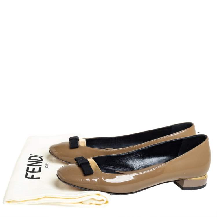 Pre Owned Fendi Dark Green Patent Leather Bow Ballet Flats Size 36