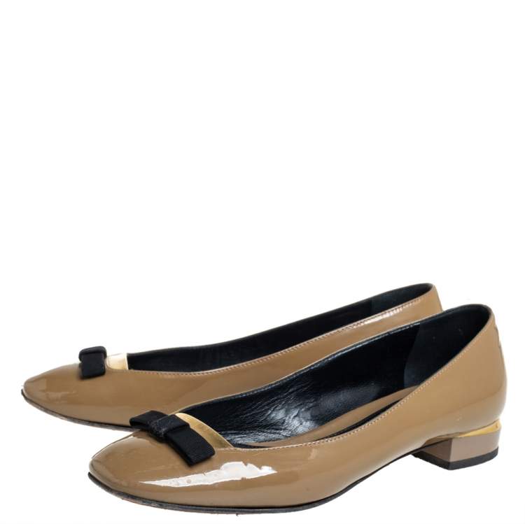 Pre Owned Fendi Dark Green Patent Leather Bow Ballet Flats Size 36