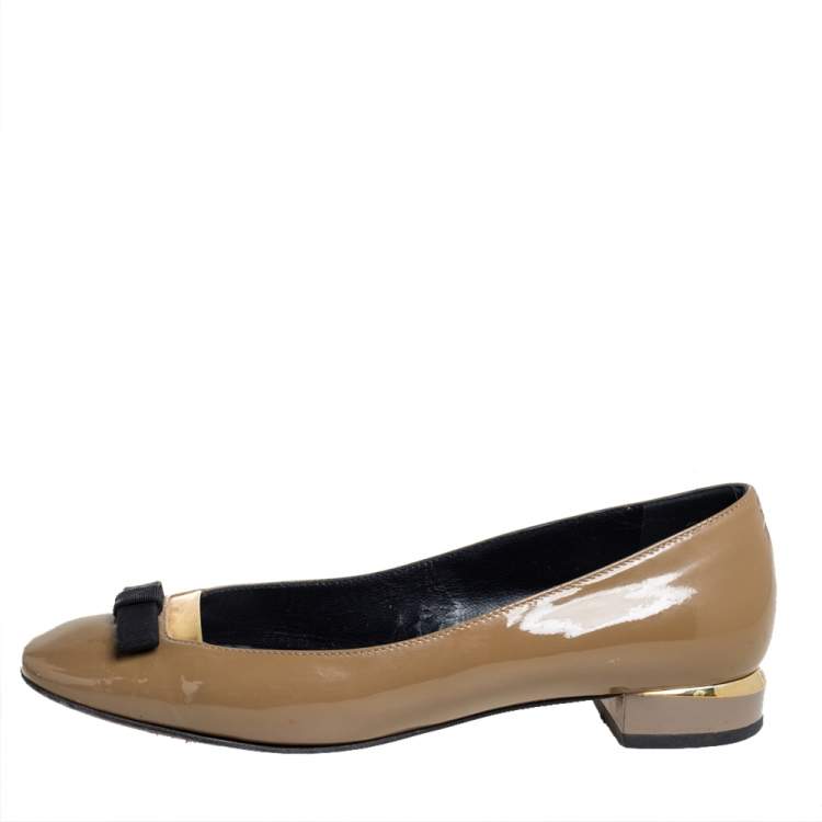 Pre Owned Fendi Dark Green Patent Leather Bow Ballet Flats Size 36