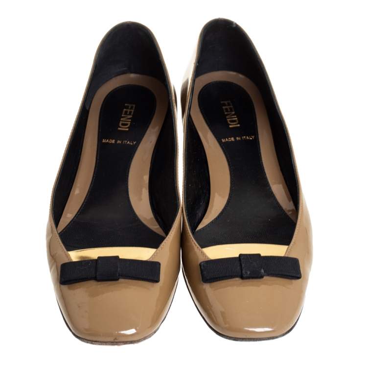 Pre Owned Fendi Dark Green Patent Leather Bow Ballet Flats Size 36