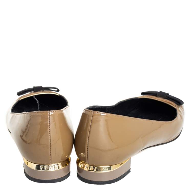 Pre Owned Fendi Dark Green Patent Leather Bow Ballet Flats Size 36
