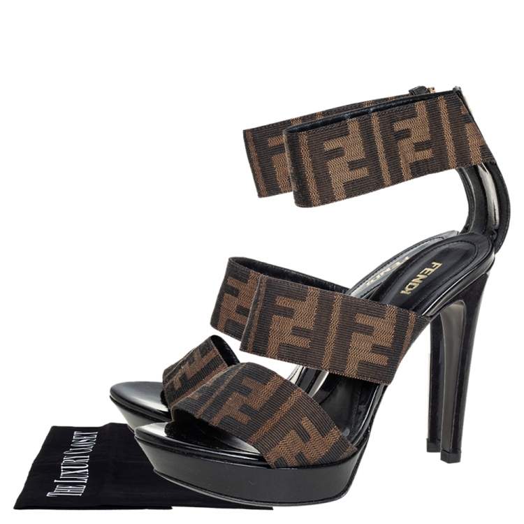 Pre Owned Fendi Brown Zucca Canvas Platform Ankle Cuff Sandals Size 36.5