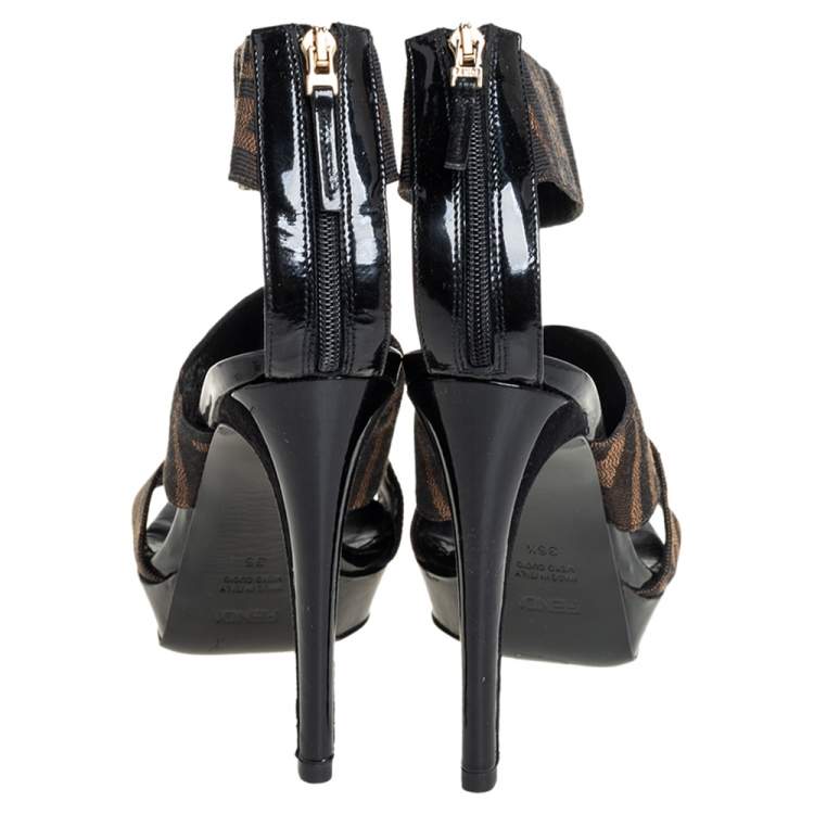 Pre Owned Fendi Brown Zucca Canvas Platform Ankle Cuff Sandals Size 36.5