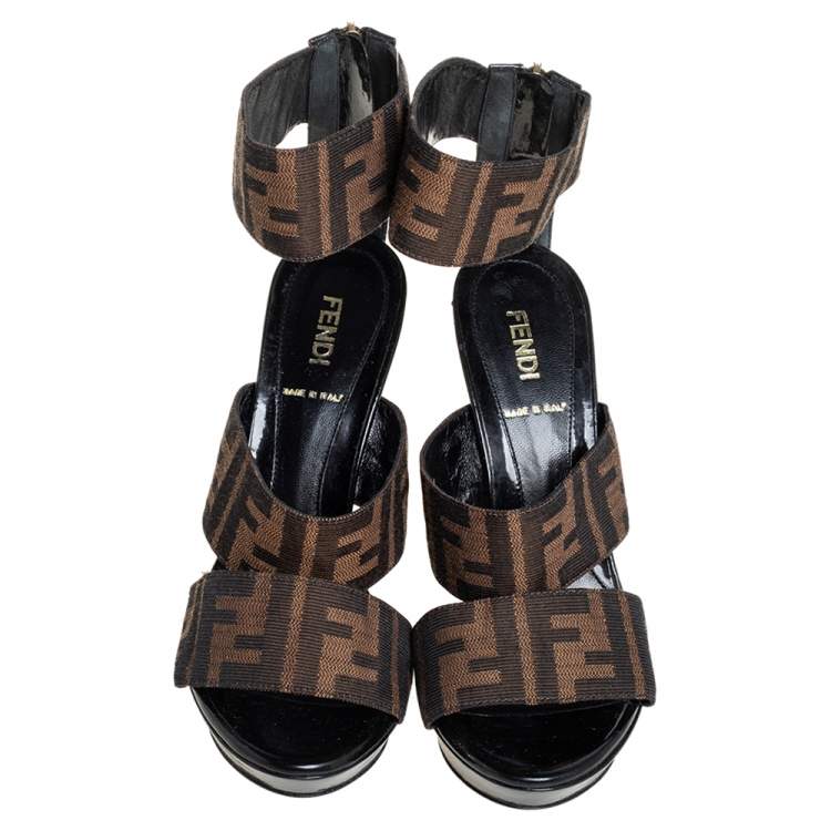 Pre Owned Fendi Brown Zucca Canvas Platform Ankle Cuff Sandals Size 36.5