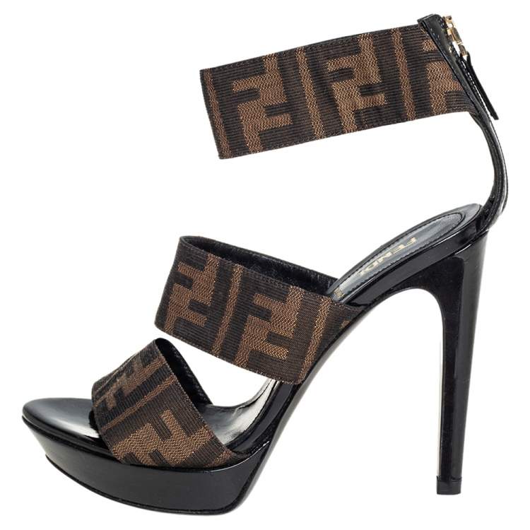 Pre Owned Fendi Brown Zucca Canvas Platform Ankle Cuff Sandals Size 36.5