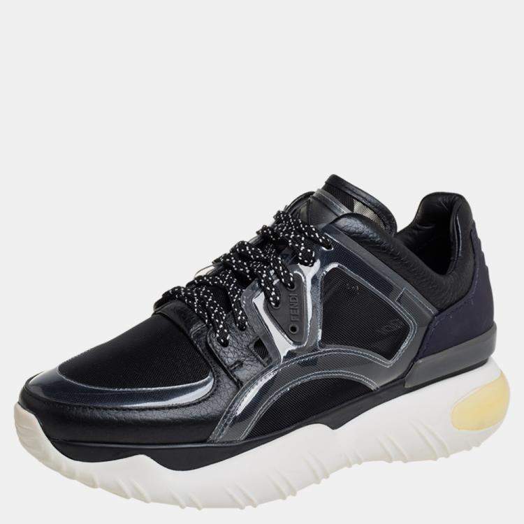 Pre Owned Fendi Black/Purple Mesh And Leather Fancy Sneakers Size 38