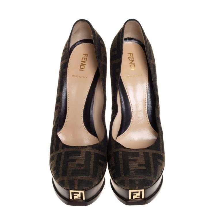 Pre Owned Fendi Tobacco Zucca Canvas Fendista Platform Pumps Size 39