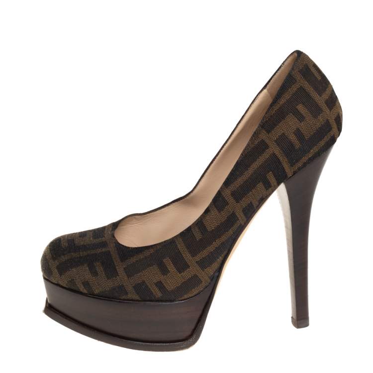 Pre Owned Fendi Tobacco Zucca Canvas Fendista Platform Pumps Size 39