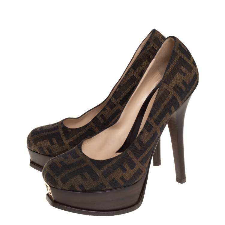 Pre Owned Fendi Tobacco Zucca Canvas Fendista Platform Pumps Size 39