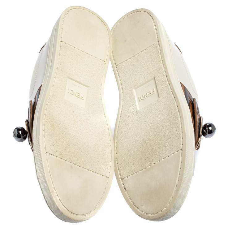 Pre Owned Fendi White/Brown Zucca Leather Pearland Slip On Sneakers Size 36