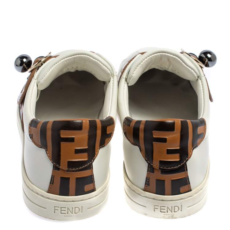 Pre Owned Fendi White/Brown Zucca Leather Pearland Slip On Sneakers Size 36