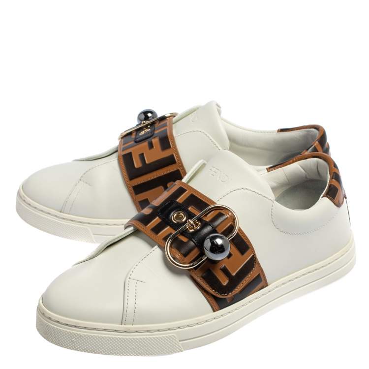 Pre Owned Fendi White/Brown Zucca Leather Pearland Slip On Sneakers Size 36