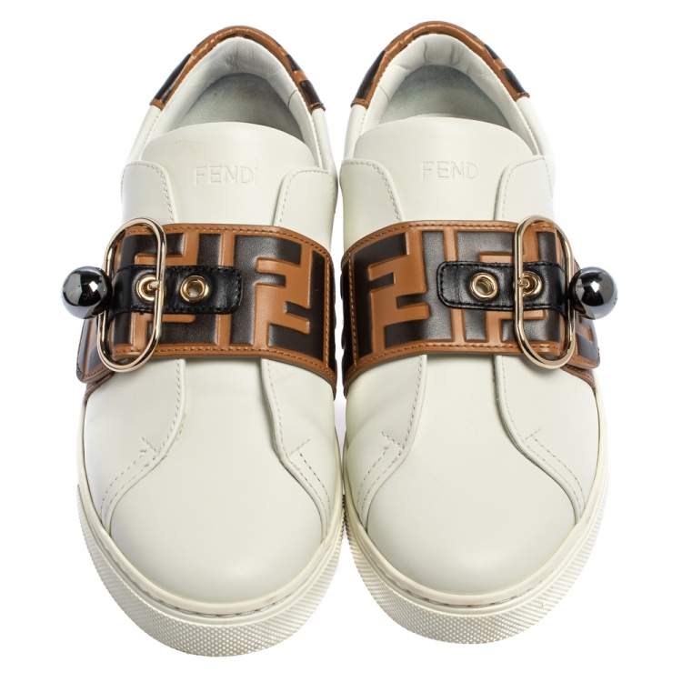 Pre Owned Fendi White/Brown Zucca Leather Pearland Slip On Sneakers Size 36