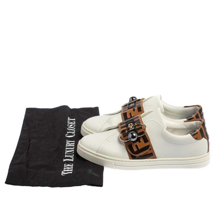 Pre Owned Fendi White/Brown Zucca Leather Pearland Slip On Sneakers Size 36