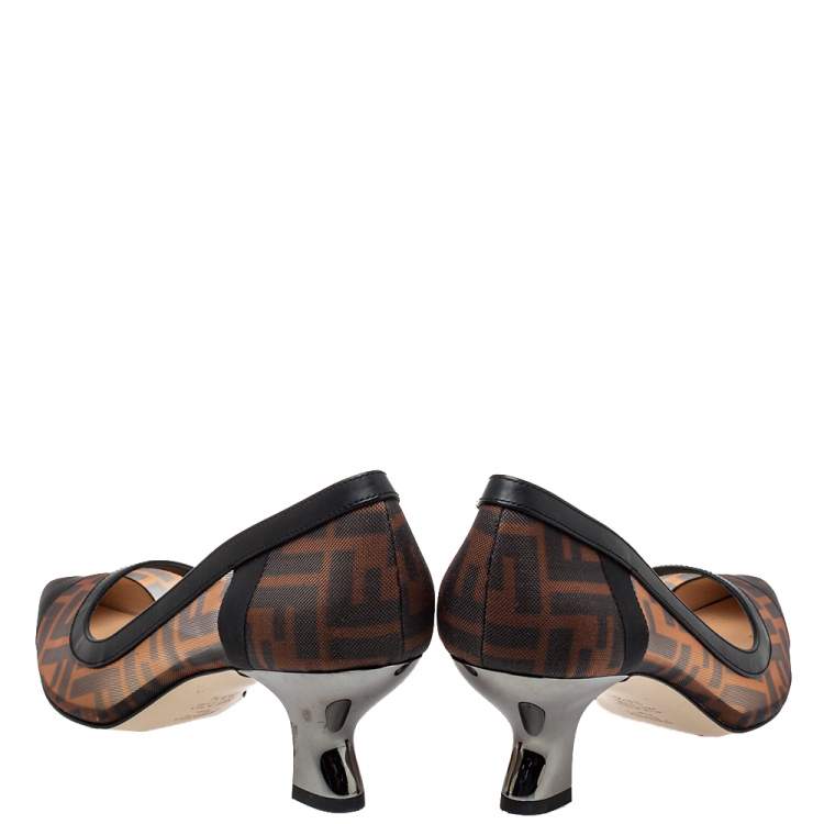 Pre Owned Fendi Brown/Black Zucca Mesh And Leather Colibri Pointed Toe Pumps Size 38.5