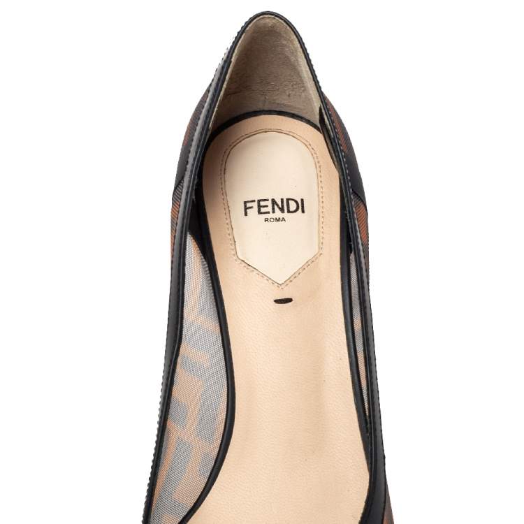 Pre Owned Fendi Brown/Black Zucca Mesh And Leather Colibri Pointed Toe Pumps Size 38.5
