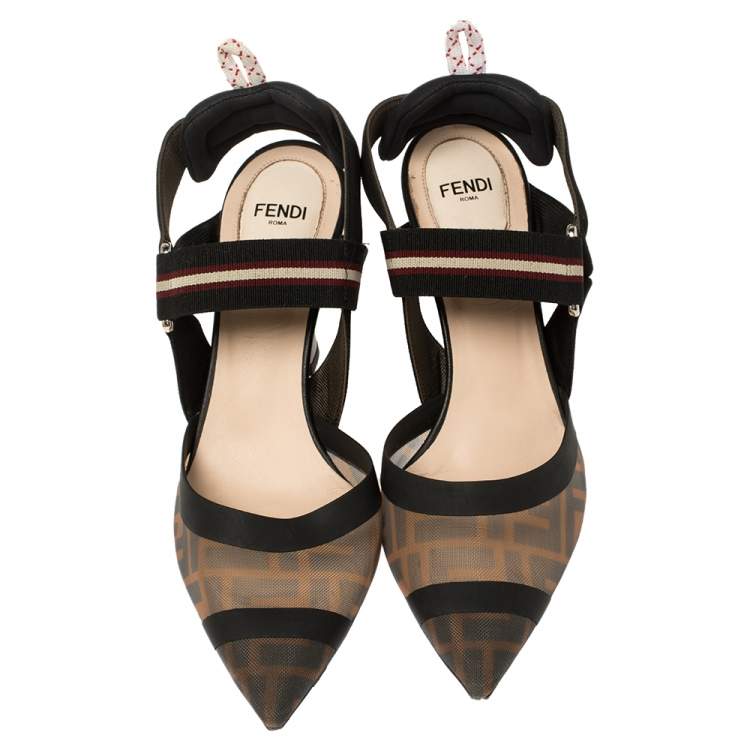 Pre Owned Fendi Multicolor Mesh And Fabric Colibri Slingback Pointed Toe Sandals Size 37.5