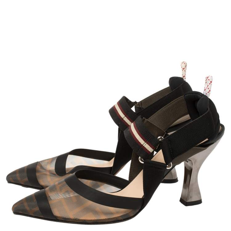 Pre Owned Fendi Multicolor Mesh And Fabric Colibri Slingback Pointed Toe Sandals Size 37.5