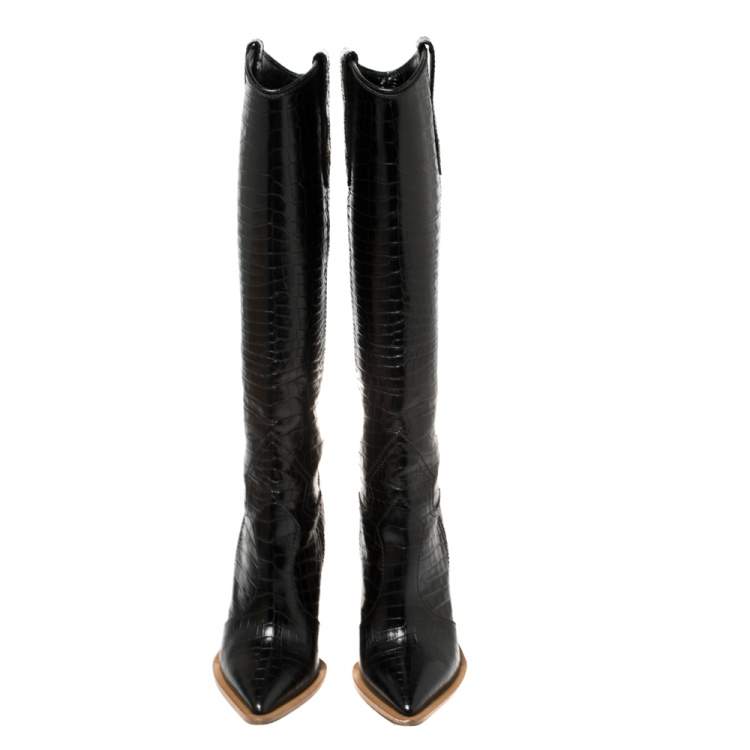 Pre Owned Fendi Black Croc Embossed Leather Cowboy Boots Size 35