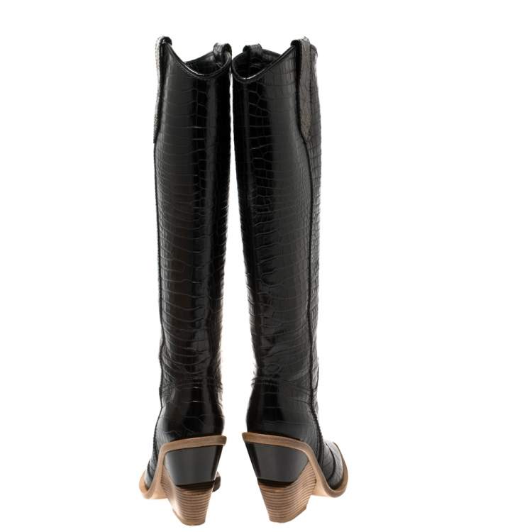 Pre Owned Fendi Black Croc Embossed Leather Cowboy Boots Size 35