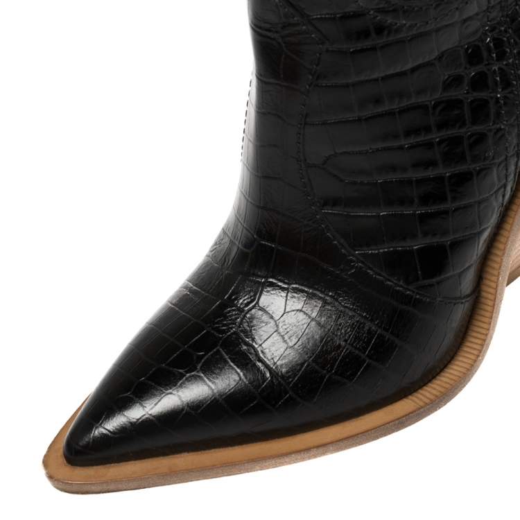 Pre Owned Fendi Black Croc Embossed Leather Cowboy Boots Size 35