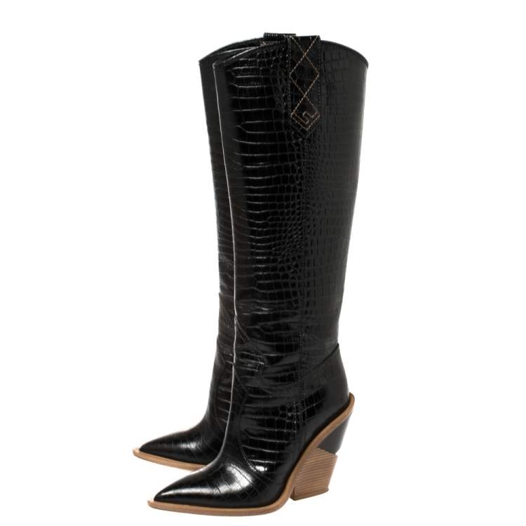 Pre Owned Fendi Black Croc Embossed Leather Cowboy Boots Size 35